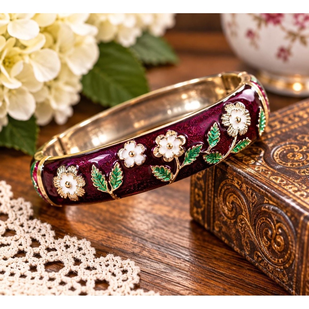 Vintage Jiu Long Xing Burgundy Cloisonné Enamel Floral Hinged Bangle Bracelet